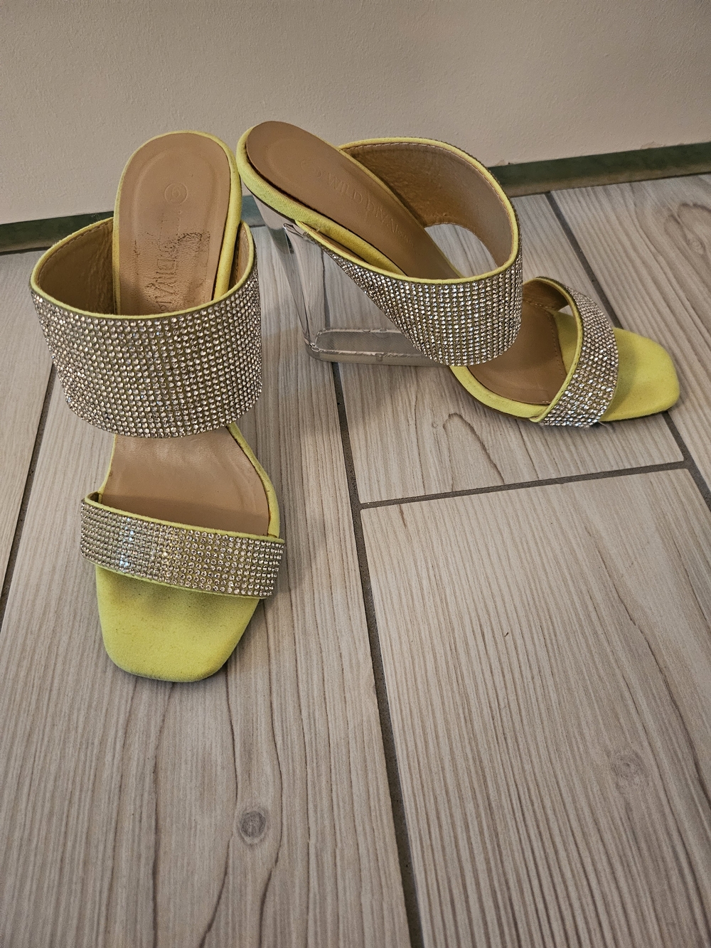 Wild Diva Yellowish/Lime Greenish Crystal Strap High Heel Slides